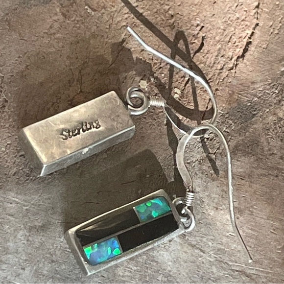 Dainty Dangle Earrings Fire Opal Onyx Sterling Silver Handmade - Picture 7 of 13